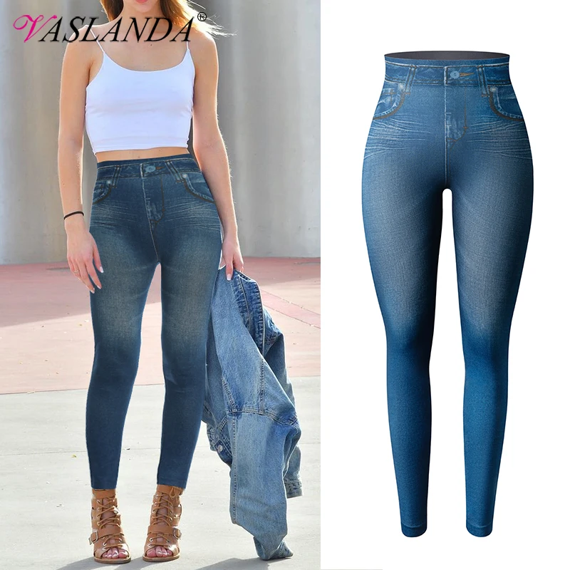 Zdjęcie Damskie Jeggings Faux Denim Jeans Legginsy z wysokim stanem Tummy Control Slim Legginsy z nadrukiem Spodnie ołówkowe Bezszwowe spodnie skinny