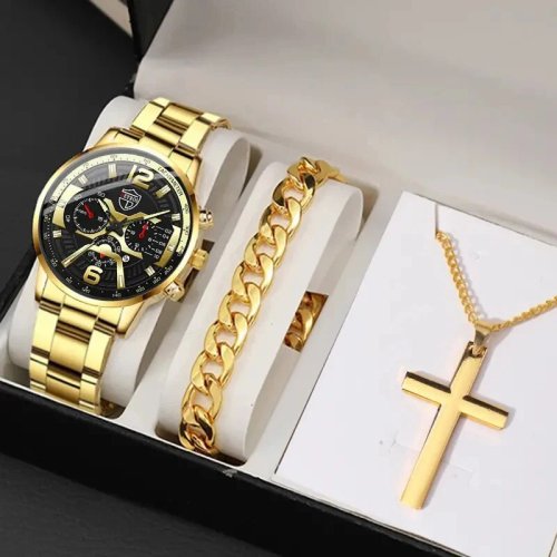 Immagine di Set da 5 Pezzi Deyros Moda Uomo: Orologio da Polso al Quarzo in Acciaio Inossidabile con Collana Casual Maschile e Calendario