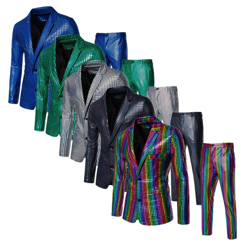 Image of 2024 Men's Rainbow Plaid Suit Set – Gold and Silver Luxury Blazer with Matching Pants for Dance, Party, and Performance Events