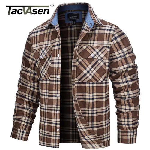 Image of Oversized Lightweight Cotton Plaid Shirt Jacket for Men – Long Sleeve Button-Down Streetwear Flannel with Pockets