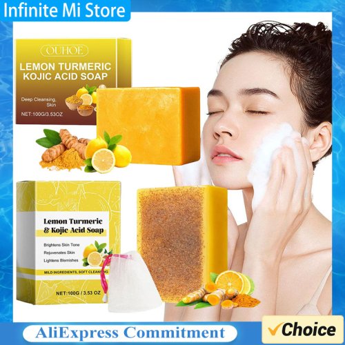 Afbeelding van Handgemaakte Natuurlijke Citroen-Kurkuma-Kojic Zuur Zeep voor Diepe Reiniging, Verjonging en Gelijkmatige Huidtint