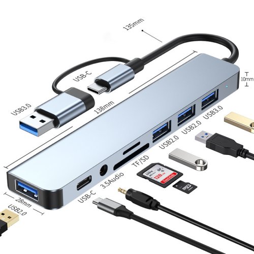 8-in-1 USB-C Hub Docking Station met Audio Jack 3,5 mm, Micro SD Kaartlezer en Meerdere Poorten voor Laptop, Tablet en Smartphone