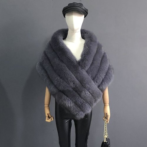 Imagen de Chal de piel de zorro Real para mujer, chaqueta de piel esponjosa, Poncho de piel Natural, bufanda, abrigo, chal, ropa de fiesta de boda