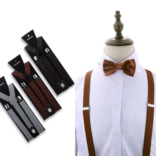 Bild von Hosenträger Mann Bowtie Einfarbig Elastische PU Leder Hosenträger Für Mann Gürtel Verstellbaren Trägern Hochzeit Fliege Zubehör Geschenke
