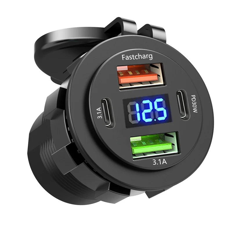 Immagine di Presa per caricabatteria da auto doppia tipo C e doppia USB 4 porte presa di ricarica rapida impermeabile con voltmetro 12V/24V per auto barca moto