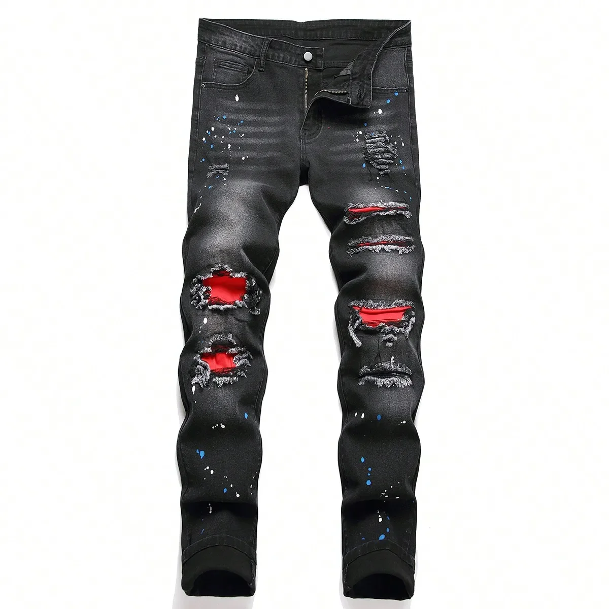 Imagen de Pantalones Vaqueros Ajustados Elásticos Y2K para Hombre, Estilo Casual con Rasgados y Agujeros de Retazos, Pantalones Rectos Negros de Hip Hop