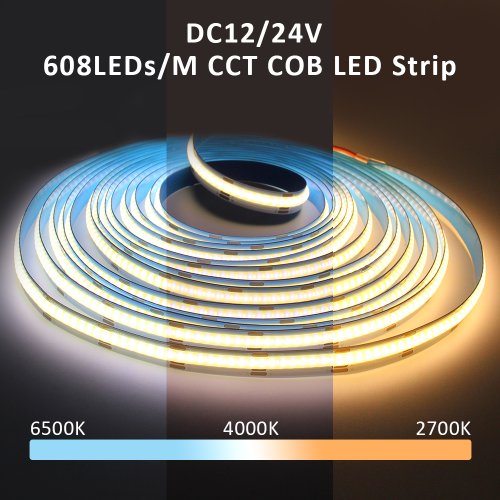 Afbeelding van Flexibele CCT LED Stripverlichting met Hoge Dichtheid van 608 LEDs per Meter, Dimbaar en Verwisselbare Kleurtemperatuur van 2700K tot 6500K, DC 12V/24V
