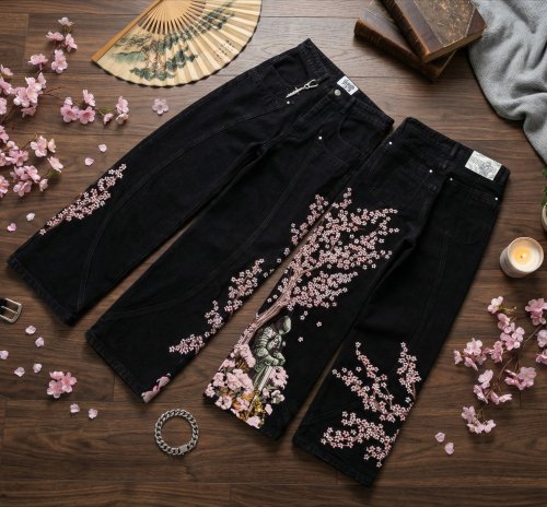 Bild von Stilvolle Schwarze Bestickte Jeans für Damen – Y2K Vintage Look