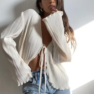 Image de Chemise Femme Plissée Chic Manches Longues Col V