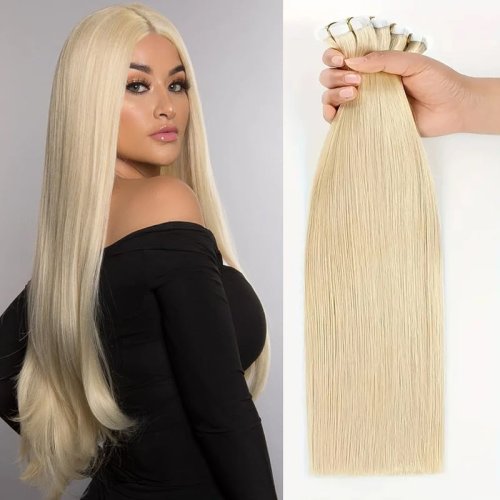 Immagine di Estensioni Capelli Umani Biondi Naturali Lisci con Nastro di Trama della Pelle Invisibile – Colore 613, 20 Pezzi per Volume e Lunghezza Naturale