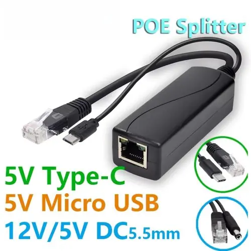 Image de Adaptateur PoE 48V vers 5V/12V - USB-C, Micro-USB & Prise Cylindrique