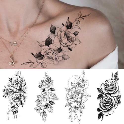 Bild von Wasserdichte Temporäre Tätowierungen – Blumen, Rosen, Lilien, Pfingstrosen & Geometrische Muster für Arme, Körperkunst & Falsche Tattoos für Frauen und Männer