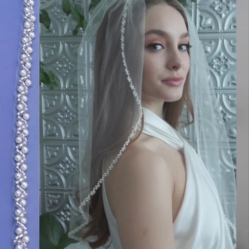 Immagine di Velo da Sposa in Tulle con Perle Bianche