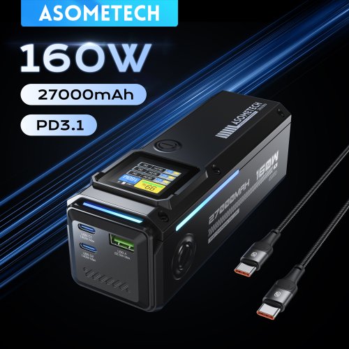 Imagen de Banco de Energía Portátil de 27000mAh con 160W de Potencia y Carga Rápida PD 3.1, USB-C para iPhone, MacBook, Samsung y Otros Dispositivos