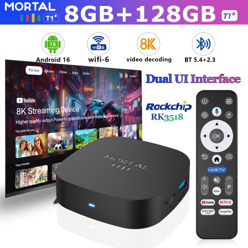 Android TV Box T1 2025 mit Rockchip RK3518, Android 16, 8 GB RAM, 128 GB ROM, WiFi 6, Bluetooth 5.4, Dual UI, 8K Ultra HD Smart Media Player