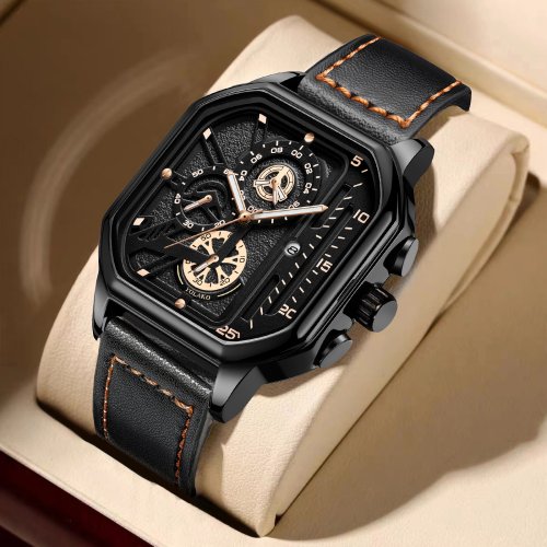 Immagine di Orologio da Uomo Quadrato con Cinturino in Pelle - Stile Business & Sportivo
