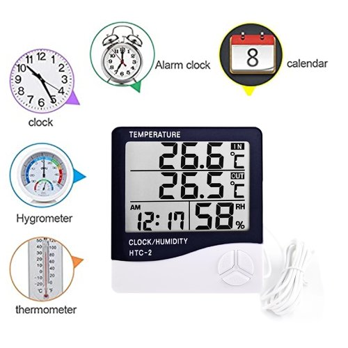 Image of NEW LCD Electronic Digital Temperature Humidity Meter Thermometer Hygrometer Indoor Outdoor Weather Station Clock HTC-1 HTC-2