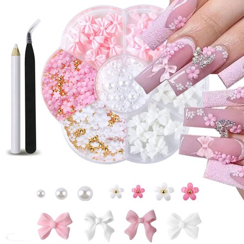 Image of Natural Floral Nail Art Kit with Acrylic 3D Flowers, Pearls, and Beads for DIY Manicure Design
