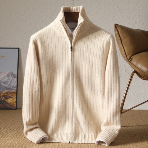 Immagine di Cardigan Uomo in Lana Merino 100% con Colletto Rialzato – Cappotto Casual con Cerniera per Autunno e Inverno, Giacca Calda e Versatile in Cashmere