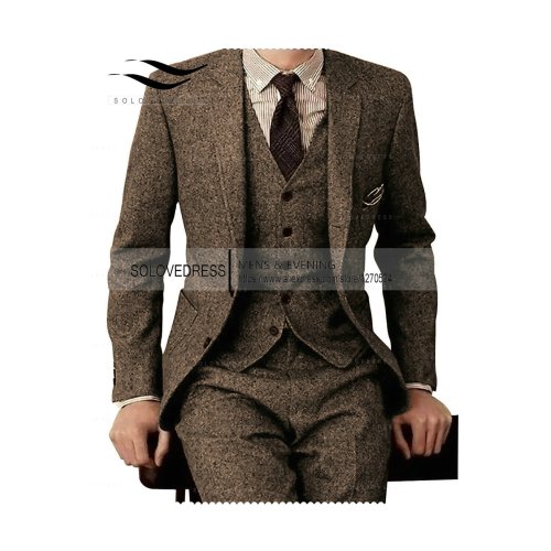 Immagine di Completo Uomo in Tweed Marrone 3 Pezzi – Abito da Cerimonia Formale Personalizzato con Giacca, Pantaloni e Gilet per Sposo