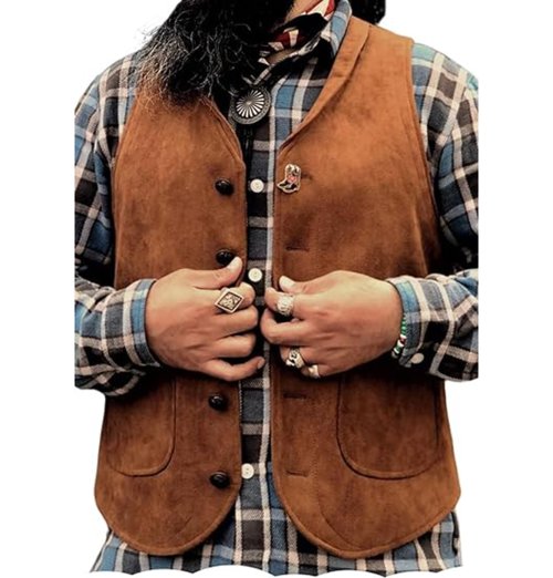 Image of Men's Genuine Suede Leather Vest – Premium Cowhide Western Cowboy Waistcoat with Functional Pockets for Outdoor and Casual Wear