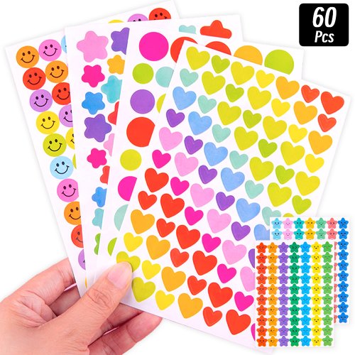 Image of 4200-Piece Assorted Heart, Circle, and Star Reward Stickers Pack for DIY Crafting, School Supplies, Phone, Laptop, Suitcase, and Gift Decoration
