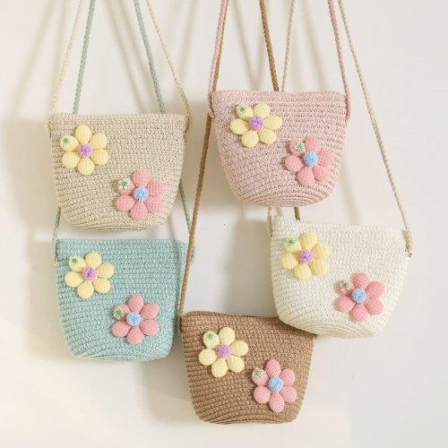 Immagine di Borsa in paglia con fiori con cerniera per ragazza Puntelli per foto carini Borse a tracolla per bambini in tessuto fatto a mano Cestino portaoggetti Portamonete Borsa a tracolla