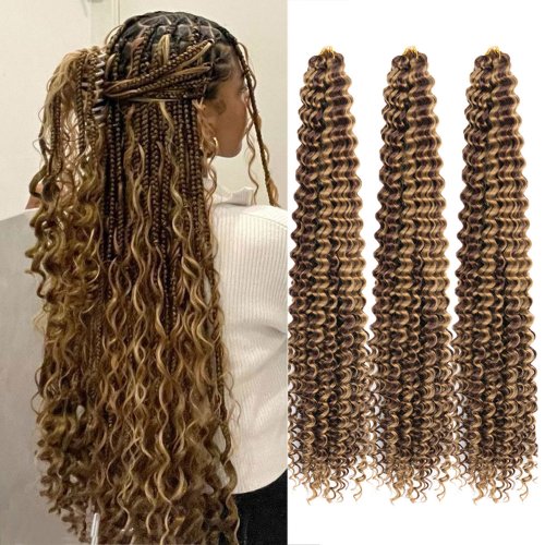 Immagine di Estensioni Capelli Sintetici All'Uncinetto con Onde Profonde da 28 Pollici - Capelli Intrecciati a Onde Oceaniche per Donne Nere