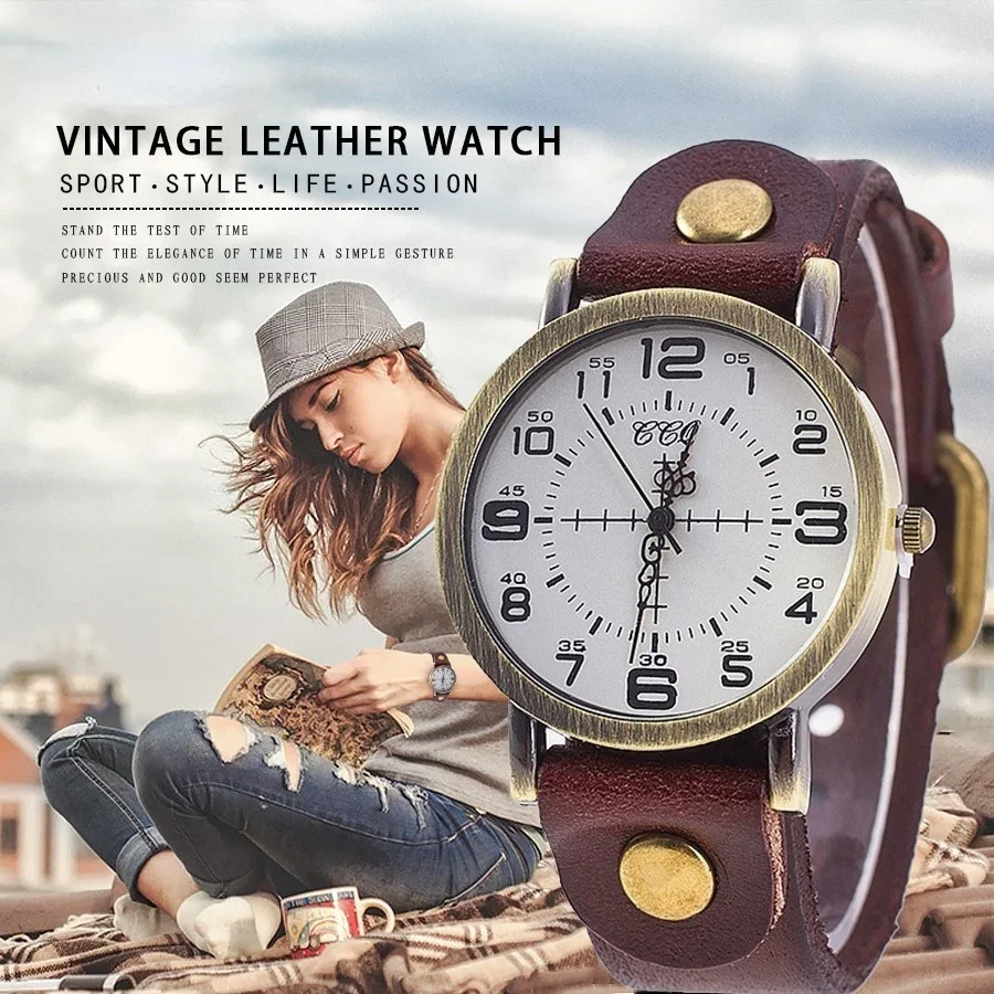 Image of Elegant Vintage Cow Leather Bracelet Watch for Women – Casual Luxury Quartz Timepiece with Classic Design