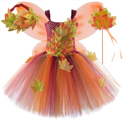 Imagen de Disfraz de Hada con Hojas de Arce de Otoño para Niñas – Vestido de Princesa Elfo del Bosque con Alas, Ideal para Halloween y Navidad