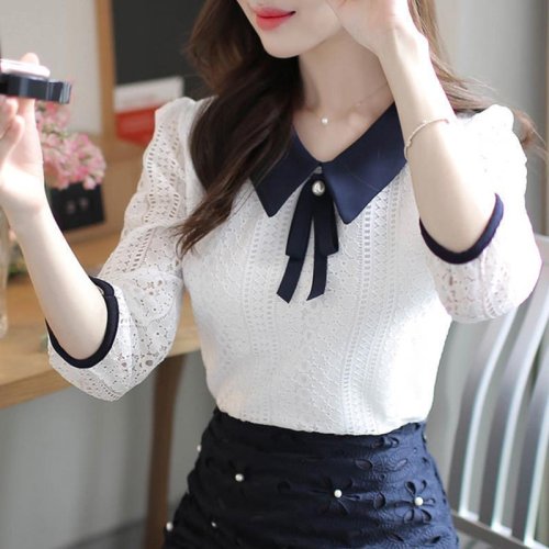 Image de Blouse Dentelle Col Claudine - Élégance Féminine