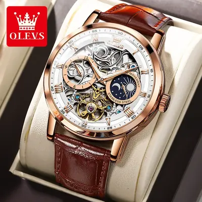 Image de Montre Mécanique Homme avec Phase de Lune - Cuir Véritable