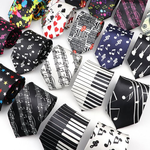 Image of Men's Musical Notes and Piano Guitar Design Necktie - Black and White Novelty Tie for Music Lovers, Smooth Soft Fabric, Perfect Gift for Musicians and Classic Fashion Enthusiasts