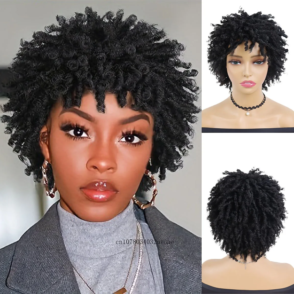 Immagine di Parrucca Sintetica Intrecciata per Donne con Locs Crochet Twist, Corta Afro, Dreadlock Nera Riccia, Stile Quotidiano Cool Girl Bouncy