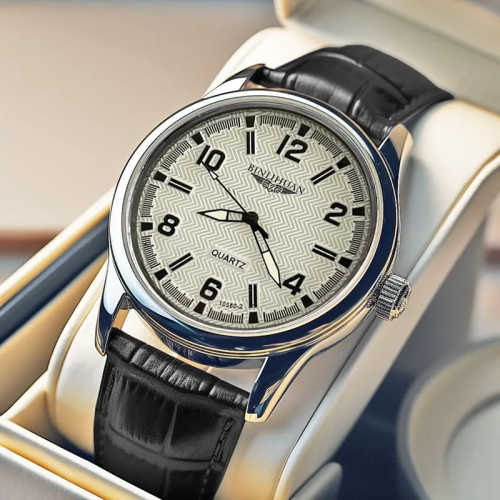 Imagen de Reloj de Pulsera de Lujo para Hombre con Correa de Cuero Auténtico, Caja de Acero Inoxidable, Resistente al Agua y Movimiento de Cuarzo de Alta Precisión