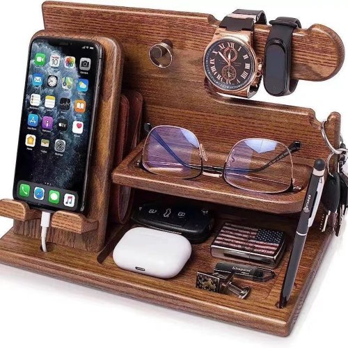 Immagine di Organizzatore da Scrivania in Legno Naturale con Porta Telefono, Chiavi, Portafoglio, Occhiali e Supporto per Orologio – Elegante Organizzatore da Ufficio e Comodino per Gioielli e Oggetti Personalizzati