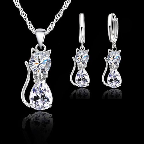 Elegant 925 Sterling Silver Jewelry Set with Shining Austrian Crystal Cat Pendant Necklace and Huggie Earrings for Women and Girls