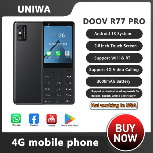 Imagen de Smartphone Doov R77 Pro 4G con Pantalla Táctil de 2.8 Pulgadas, Cámara de 5 MP, 3 GB RAM, 32 GB ROM, Batería de 3000 mAh y Teclado Hebreo para WhatsApp