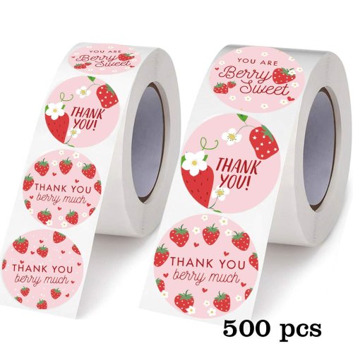Immagine di 500 Adesivi di Ringraziamento alla Fragola - Etichette Adesive Fai da Te per Buste Regalo, Sigillanti per Feste di Compleanno e Decorazione Cupcake