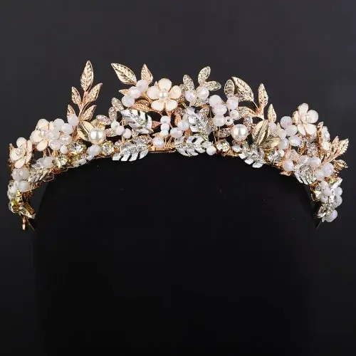 Image de Couronne de Mariée en Or avec Fleurs & Cristaux