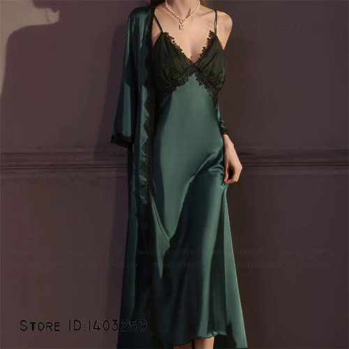Afbeelding van Nieuwe Vrouwelijke 2 Stuks Gewaad Set Nachtjapon Sexy Kant Lange Kimono Badjas Gown Zijde Satijn Loungewear Zomer Nachtkleding Lingerie homewear