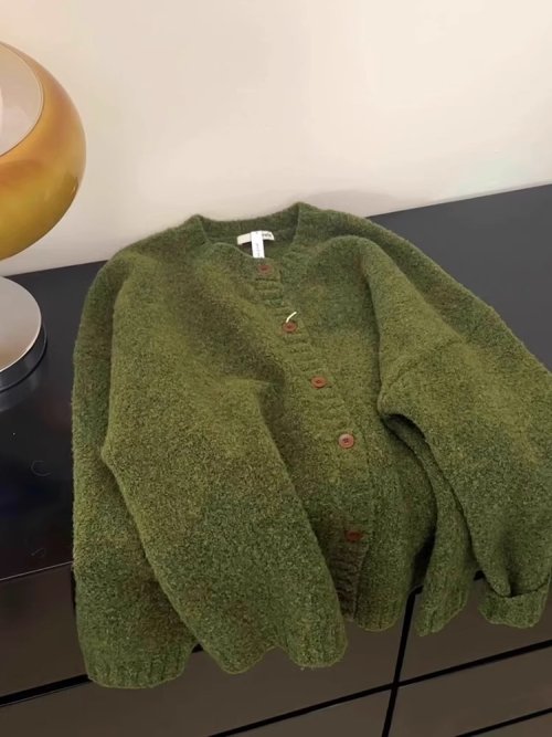 Imagen de Cárdigan de punto verde Retro para mujer, suéter grueso suave con una hilera de botones y cuello red...