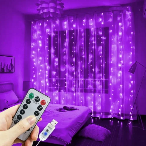 Zdjęcie Świąteczne Dekoracje Domu USB 8 Trybów Lampki Fairy Garland LED Kurtyna Świetlna z Pilotem do Sypialni na Ślub