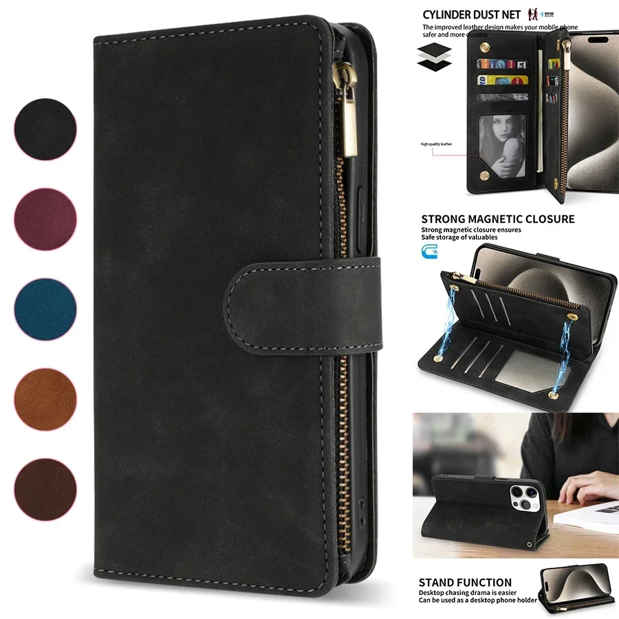 Bild von Magnetische Flip-Lederhülle mit Kartenfach, Standfunktion und Reißverschluss für iPhone 16 Pro Max, 15 Plus, 14, 13 Mini, 12, 11, SE 2, X, XS, XR, 8, 7, 6s – Praktischer Schutzhülle mit Multifunktionalität