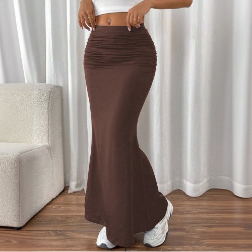 Image of Elegant High-Waisted Solid Fishtail Skirt for Women – Slim Fit Spring Summer Fashion with Folded Hem Design