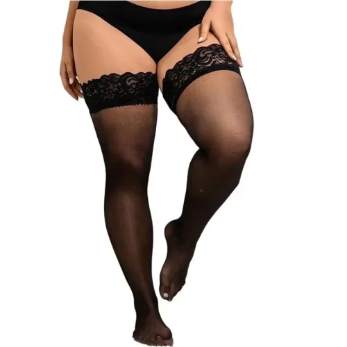 Image of Lace Top Plus Size Over Knee Thigh High Long Socks Anti-slip Stockings for Oversized Women Sheer Sexy White Black Stocking 5XXXL