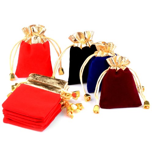 Image of Elegant Red Velvet Jewelry Pouches with Gold Trim – 10-Piece Set in 7x9cm, 9x12cm, and 12x16cm Sizes for Wedding Gifts & Premium Packaging
