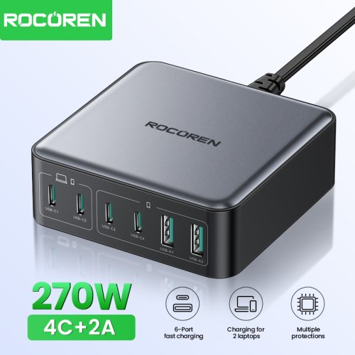 Bild von RoCoren 200W GAN Ladegerät mit PD Schnellladung – USB Typ C Ladegerät 270W, 6-in-1 USBC Powerbank für iPhone 16, 15 Pro Max, Xiaomi 14 und andere Smartphones
