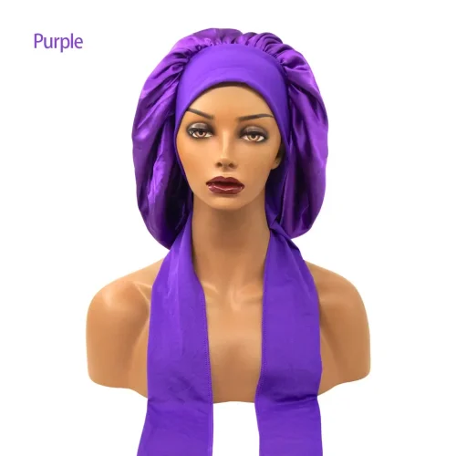 Immagine di Cappello da notte allargato in raso da donna Berretto da notte con streamer lungo Cura dei capelli C...
