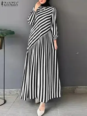 Image de Abaya Élégante à Rayures - Robe Musulmane Automne-Été